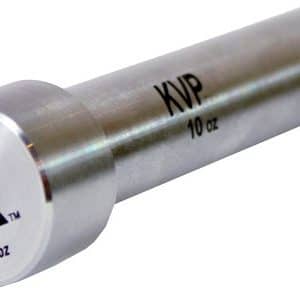 Metal cylindrical weight labeled 'KVP 10 oz' with a logo on the end cap.