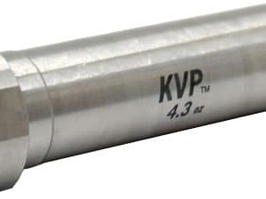 Metal cylindrical weight with a yellow end cap, stamped KVP 4.3 oz and a logo on the side