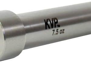 Silver metal cylindrical weight labeled KVP 7.5 oz with a round end plate featuring a logo and a yellow tip at the other end.