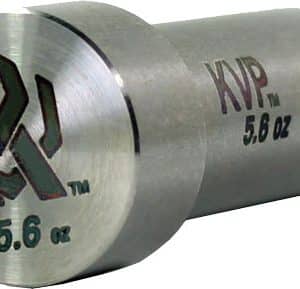 Close-up of a shiny metal weight labeled 5.6 oz with a logo on the circular end and 'KVP' branding on the side.