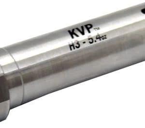 Metal cylindrical instrument with a yellow end cap and stamped 'KVP' on the side; appears to be a precision tool or component.