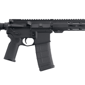 AR-15 style semi-automatic rifle with collapsible stock, quad-rail handguard, and detachable magazine on a white background.