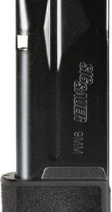 Sig Sauer 9mm pistol magazine with black body and textured baseplate