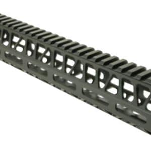 Long black AR-style rifle handguard with Picatinny rail segments along its length.