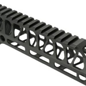 Black lightweight rifle handguard with a top Picatinny rail and lattice-like cutouts for accessory mounting.