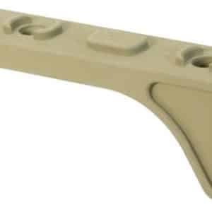 Tan LEGO Technic curved bracket/arm with two studs on top and a ribbed end plate visible on the right side