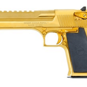 Gold Desert Eagle semi-automatic pistol with black textured grip, shown in side profile