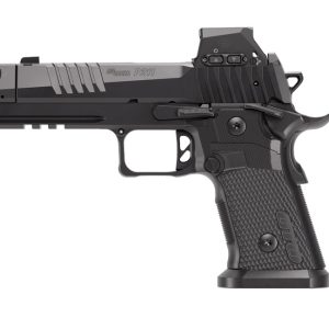 Side view of a black SIG Sauer P211 semi-automatic pistol with textured grip and accessory rail on the frame.