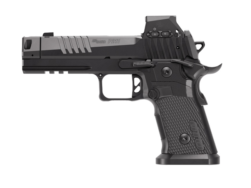 Side view of a black SIG Sauer P211 semi-automatic pistol with textured grip and accessory rail on the frame.