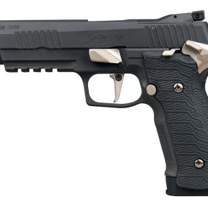 Side view of a black semi-automatic pistol with a textured grip and gold-toned controls for sport shooting.