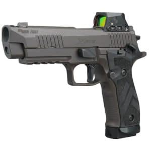 Gray semi-automatic pistol with a mounted red-dot sight and textured grip.