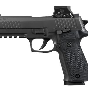 Left-side close-up of a black Sig Sauer P226 handgun showing textured grip and trigger guard.