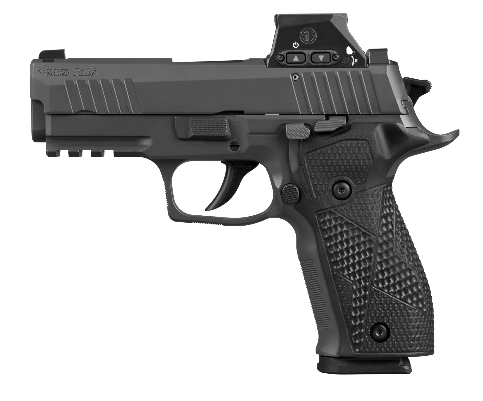 Side view of a gray SIG SAUER P226 semi-automatic pistol with textured grip and trigger guard in profile to the right, on white background.