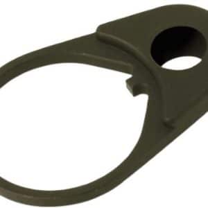 Olive-green plastic ring clamp with a circular loop and a flat base that has a large mounting hole, likely a tether or mounting clip.