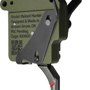 Archery release aid with a green metal body labeled 'Reliant Hunter', featuring a trigger lever and release hook used to release a bowstring.