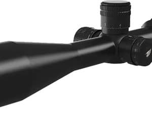 Black rifle scope with large objective lens and adjustment turrets on top and side (long-range optic)