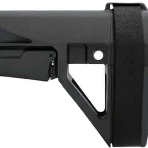 Close-up of a black tactical rifle stock with an attached fabric strap along the side, viewed from the side.