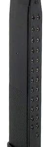 Black handgun magazine standing upright with a textured surface and side witness holes.