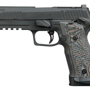 Side view of a gray SIG SAUER P226 X-FIVE pistol with a textured, multi-tone grip adjacent to a flat trigger.
