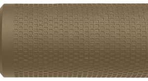 Gold-colored knurled metal cylinder with textured surface and rounded ends