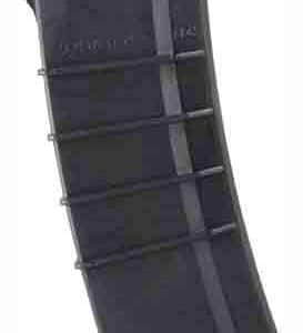 Black pistol magazine with a curved body and ridges, used to hold and feed ammunition into a semi-automatic firearm.