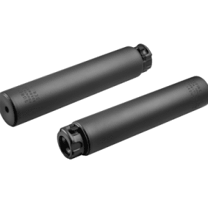 Pair of matte black cylindrical tubes with screw-on end caps; one tube is open to show internal threading.