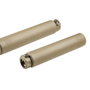 Two tan cylindrical metal tubes with end caps and threading, lying on a white background.