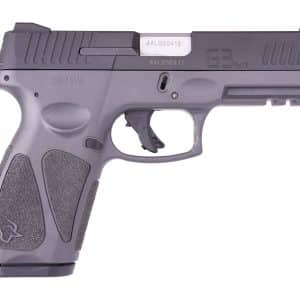 Close-up side view of a gray semi-automatic handgun with textured grip and accessory rail on the frame, shown in profile.