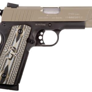 Side view of a semi-automatic pistol with a tan slide and black frame, featuring a textured patterned grip.