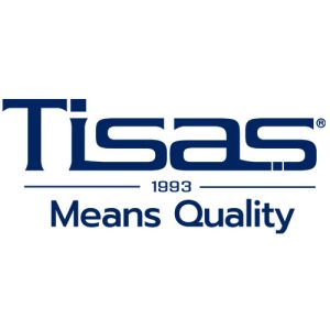 Tisas brand logo in blue with the word 'Tisas', a thin line, the year '1993', and the slogan 'Means Quality'