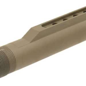 Tan cylindrical firearm muzzle device with a threaded barrel end and top ventilation/slots
