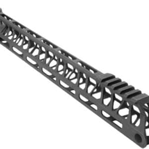 Long black ventilated rifle handguard with lattice-like cutouts and mounting ends