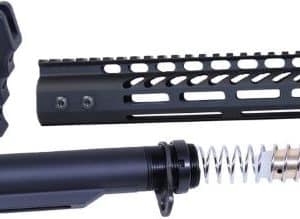 AR-style rifle components: a modular handguard, a vertical foregrip, and a barrel with a muzzle device and gas-system assembly.