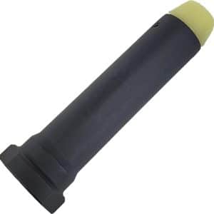 Black cylindrical plastic object with a yellow cap at one end, resting at an angle.