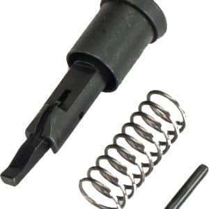 Small mechanical parts: black plastic tip, a metal coil spring, and a short pin.