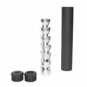 Metal spiral auger bit with several helical flutes, accompanied by two black plastic caps and a tall black cylindrical case.