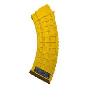 Yellow curved rifle magazine with a brown base plate, seen against a white background.