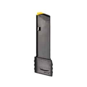 Black firearm magazine with a bright yellow follower visible at the top.