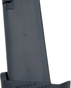 Detachable black pistol magazine with a textured grip on the base and a rounded base plate.