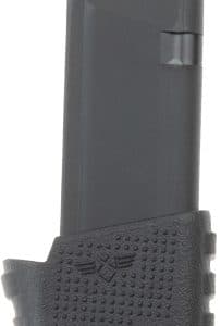 Pistol magazine in dark gray, shown from the side with a textured base and feed lips at the top.