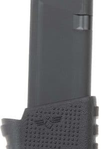 Black handgun magazine with a textured grip and curved baseplate.