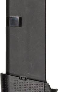 Black handgun magazine with an orange follower protruding at the top and a textured base plate