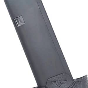 Black pistol magazine shown at an angle with a textured baseplate and emblem on the bottom.