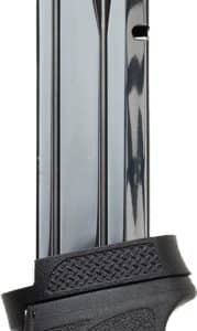 Detachable pistol magazine with a black textured floor plate and shiny metal body