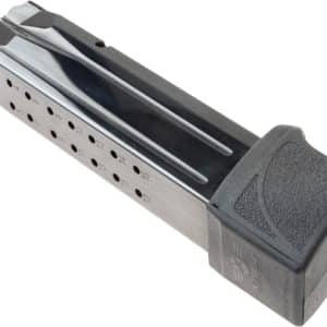 Metal handgun magazine with the numbered round-count holes visible on the side and a textured plastic baseplate.
