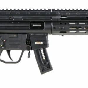 Side view of a black modern assault rifle with an adjustable stock, Picatinny rail, and a long barrel with a suppressor-style muzzle on a white background.