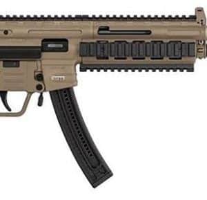 Tan and black AR-style rifle with a long barrel and suppressor photographed against a white background (side view). The gun features a quad-rail handguard and ergonomic grip.
