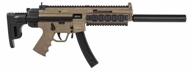 Tan and black AR-style rifle with a long barrel and suppressor photographed against a white background (side view). The gun features a quad-rail handguard and ergonomic grip.