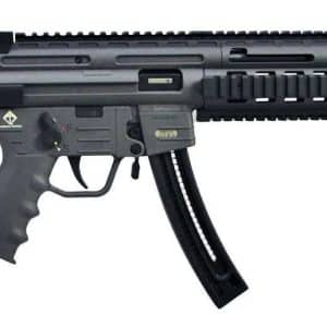 Black assault-style rifle with a collapsible stock, pistol grip, quad-rail handguard, and a curved magazine attached to a long barrel with a suppressor.