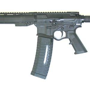 Black semi-automatic rifle with a long rail, pistol grip, curved magazine, and adjustable stock photographed from side with a front handguard and muzzle device for scale.